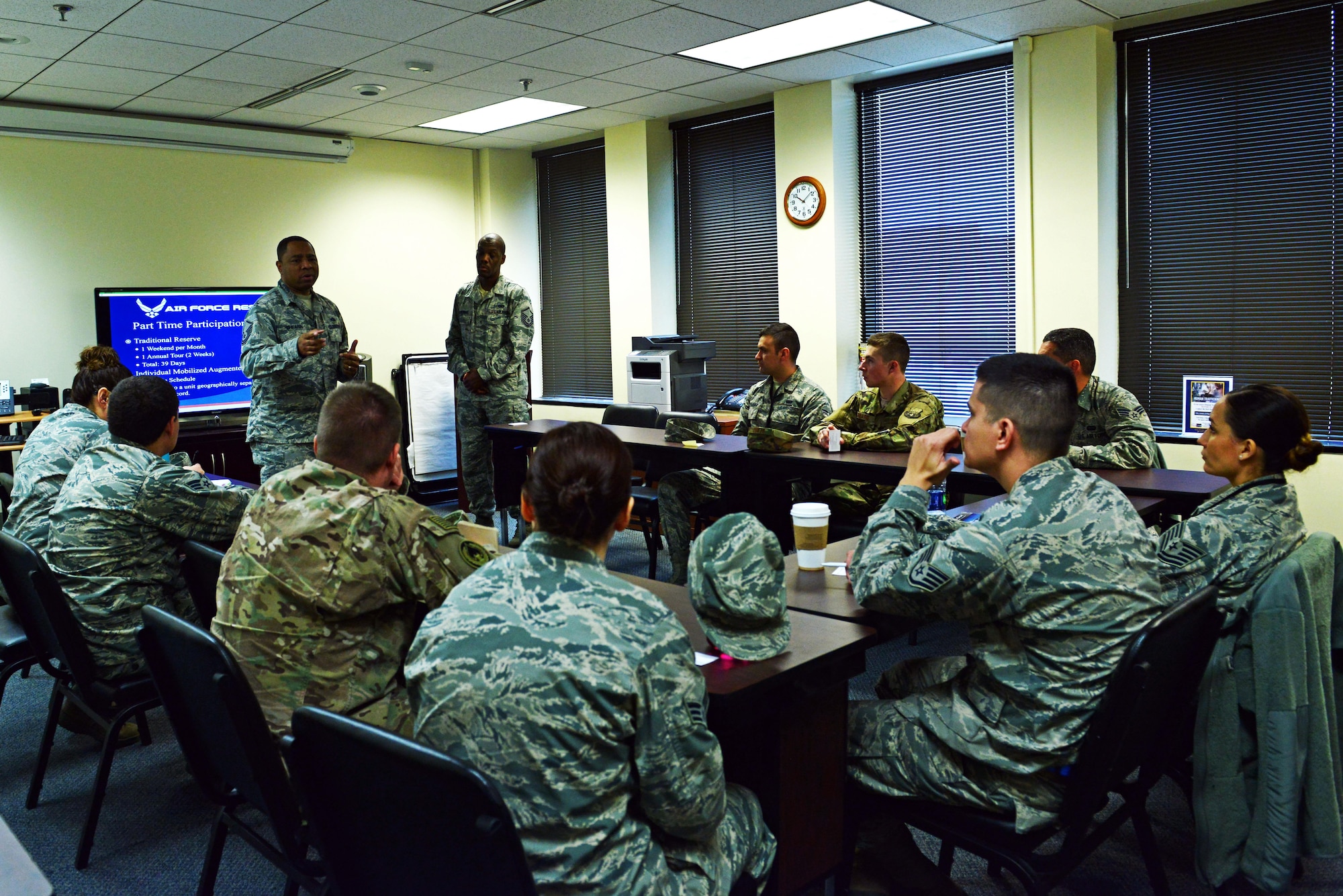 U.S. Air Force Master Sgt. Mark Shearin, 20th Force Support Squadron in-service recruiter, answers questions during a Palace Chase briefing at Shaw Air Force Base, S.C., Feb. 8, 2017. The Air Force Reserve offers two full time participation options for those who Palace Chase: Air Reserve Technician, and Active Guard and Reserve. (U.S. Air Force photo by Airman 1st Class Destinee Sweeney)