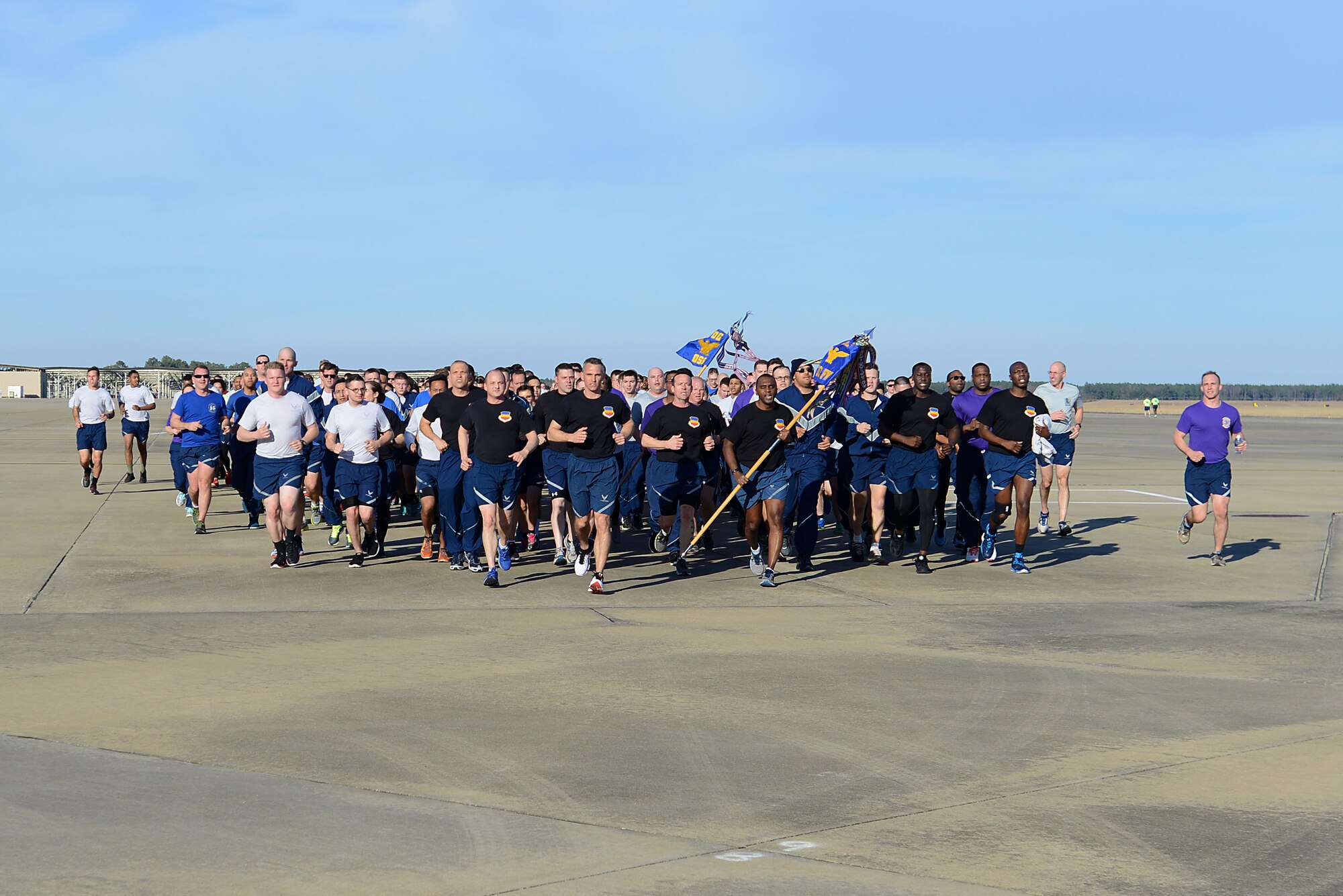 U.S. Airmen assigned to the 20th Fighter Wing, led by 20th FW leadership, participate in a wing run at Shaw Air Force Base, S.C., Feb. 10, 2017. Each group, squadron and individual flight were represented during the run, with their first sergeants calling cadence beside them. (U.S. Air Force photo by Airman 1st Class Kelsey Tucker)
