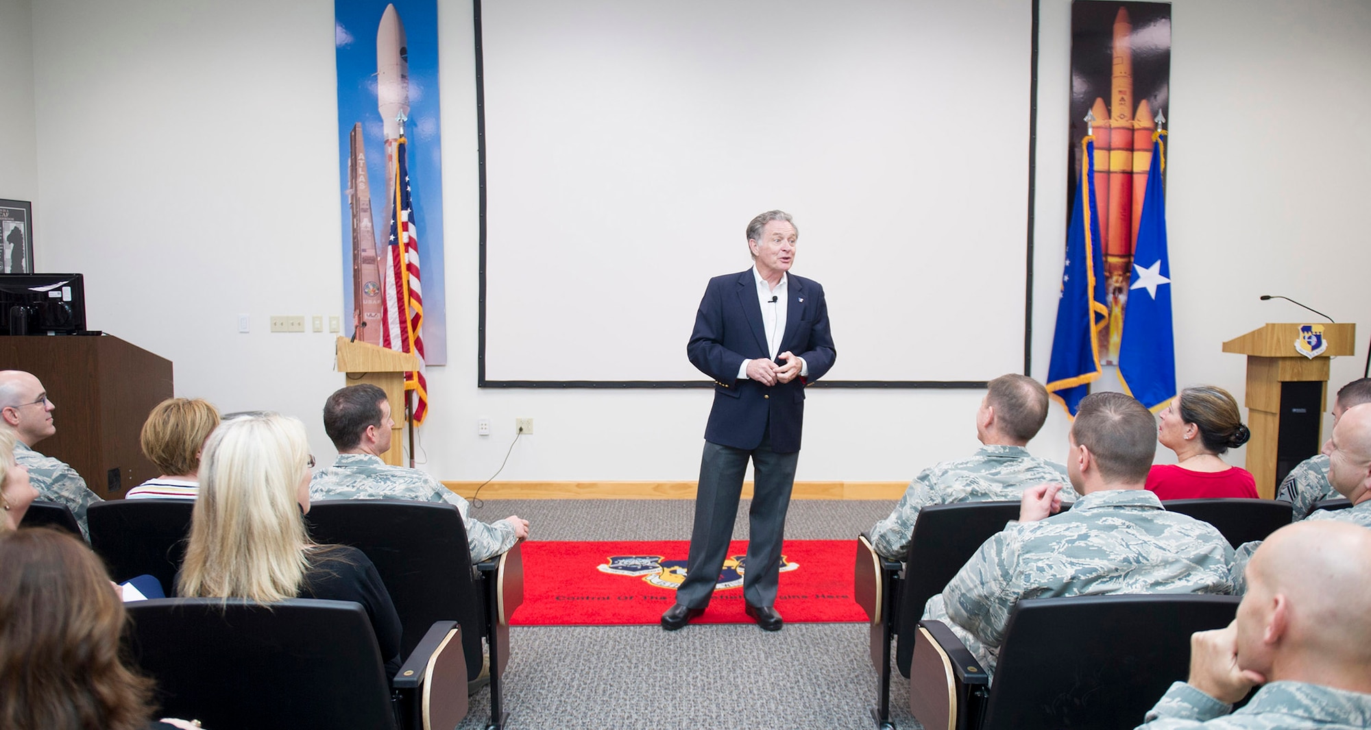 Lee Cockerell, speaks to Airmen about creating magic and leadership lessons during his visit to the Professional Development Center, Feb. 14, 2017, at Patrick Air Force Base, Fla. Cockerell also shared his leadership strategies and services to develop leaders and teams. (U.S. Air Force photo/Phil Sunkel) 