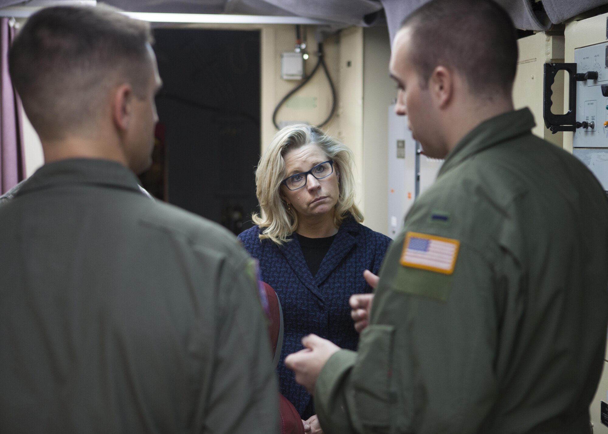 U.S. Rep. Liz Cheney meets with 1st Lt. Chris Rosso and 2nd Lt. Joel Pelletier, a 319th Missile Squadron missile combat crew, in a launch control center on the F.E. Warren Air Force Base missile complex, Feb. 10, 2017. Rosso briefed Cheney on typical missileer duties and actions as part of Cheney’s familiarization tour. (U.S. Air Force photo by Lan Kim)