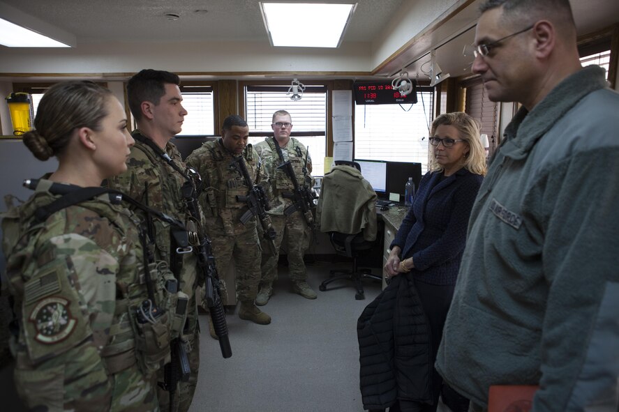 A 90th Missile Security Forces Squadron defender briefs U.S. Rep. Liz Cheney and Col. Stephen Kravitsky, 90th Missile Wing commander, on her security duties at a missile alert facility on the F.E. Warren Air Force Base missile complex, Feb. 10, 2017. This was Cheney’s second visit to F.E. Warren as a representative of Wyoming to familiarize herself with the 90th Missile Wing’s mission. (U.S. Air Force photo by Lan Kim)
