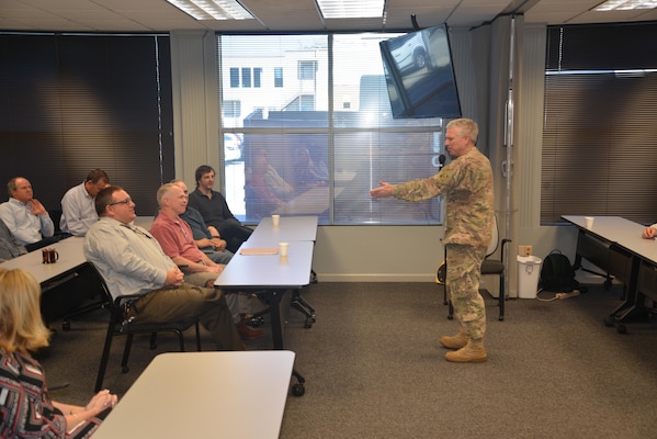 U.S. Army Corps of Engineers Deputy Commander Maj. Gen. Richard L. Stevens speaks to Mobile District employees during his visit at a town hall meeting held Feb. 10.