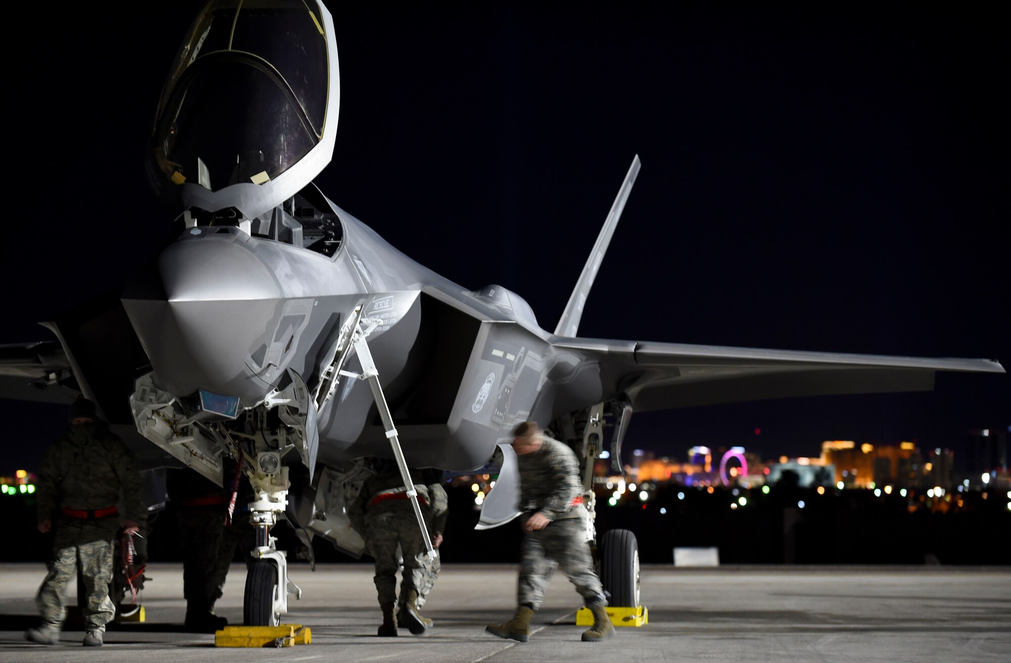 Maintainers from the 419th and 388th Fighter Wings conduct  preflight checks on an F-35A Lightning II from Hill Air Force Base, Utah, during Red Flag 17-1 at Nellis Air Force Base, Nev., Jan. 24, 2017. Airmen from the active duty 388th FW and Air Force Reserve 419th FW fly and maintain the Lightning II in a total force partnership, capitalizing on the strength of both components. (U.S. Air Force photo by Staff Sgt. Natasha Stannard)