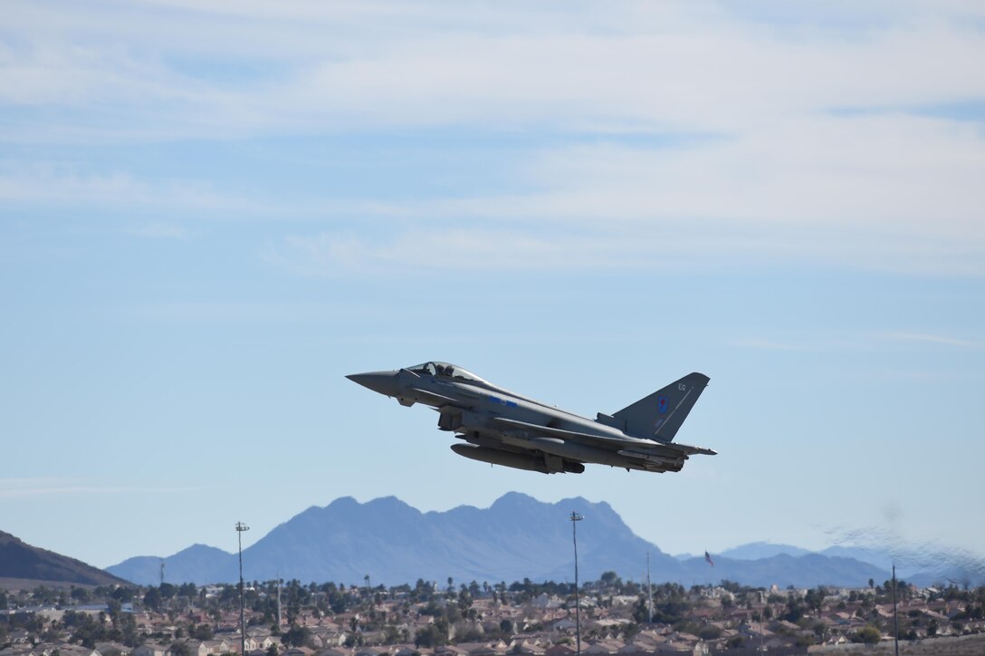 A Royal Air Force Eurofighter Typhoon takes off during Red Flag 17-1 at Nellis Air Force Base, Nev., Jan. 26, 2017. The Typhoon is a fourth-generation fighter aircraft that has conducted it’s training missions at Red Flag with support from U.S. Air Force fifth-generation stealth fighter aircraft, the F-22 Raptor and F-35A Lightning II. (U.S Air Force photo by Staff Sgt. Natasha Stannard)