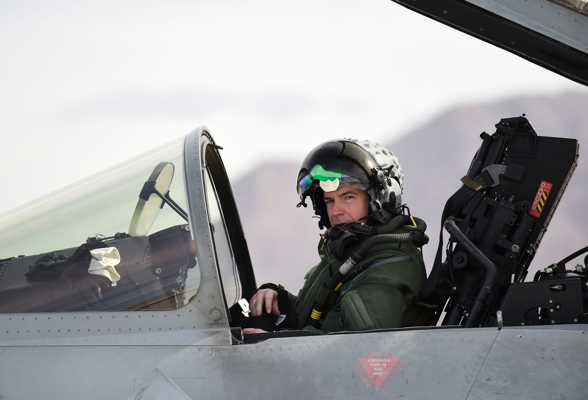 Royal Air Force Flight Lt. Jonny Mulhall, 6th Squadron Eurofighter Typhoon pilot, prepares the cockpit for take-off during Red Flag 17-1 at Nellis Air Force Base, Nev., Feb. 7, 2017.The Typhoon trained alongside the F-35A Lightning II for the first time at Red Flag preparing the RAF pilots for the introduction of the F-35B to the Royal Air Force and Navy. (U.S Air Force photo by Staff Sgt. Natasha Stannard)