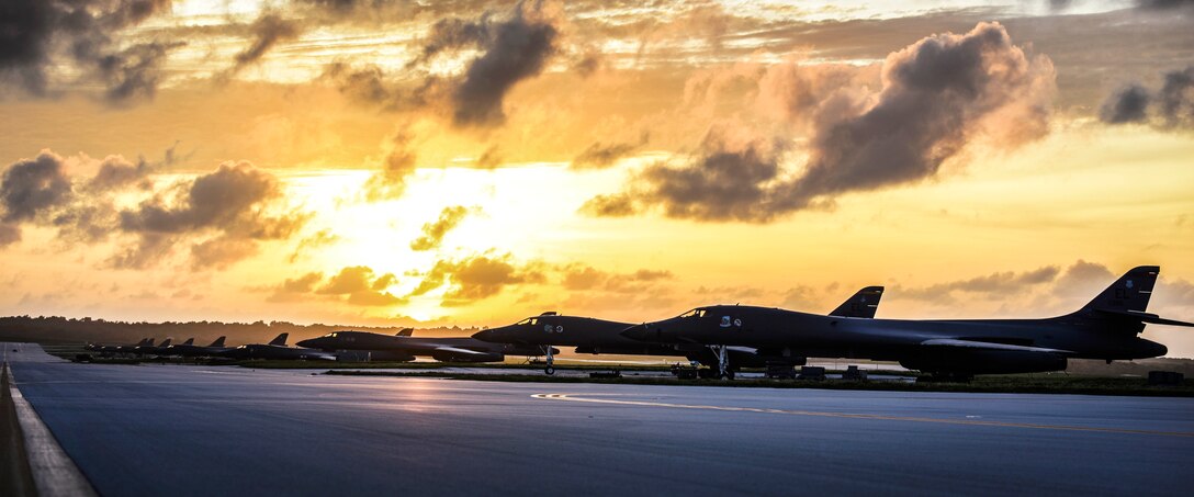 Air Force B-1B Lancers sit on the flightline as the sun sets at Andersen Air Force Base, Guam, Feb. 6, 2017. Air Force photo by Tech. Sgt. Richard P. Ebensberger