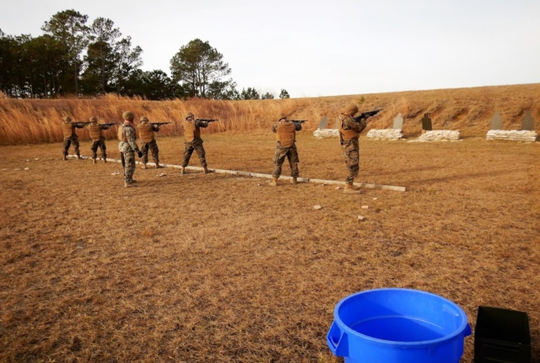 On December 16, 2016 Marines attached to Combat Engineer Officer course 1-17 (CEO 1-17) train on the shooting range with the M500 shotgun. This weapon is a 12-gauge, manually operated, shoulder fired weapon and is used to augment security forces and Operating Force units, as well as a ballistic breaching tool.  
