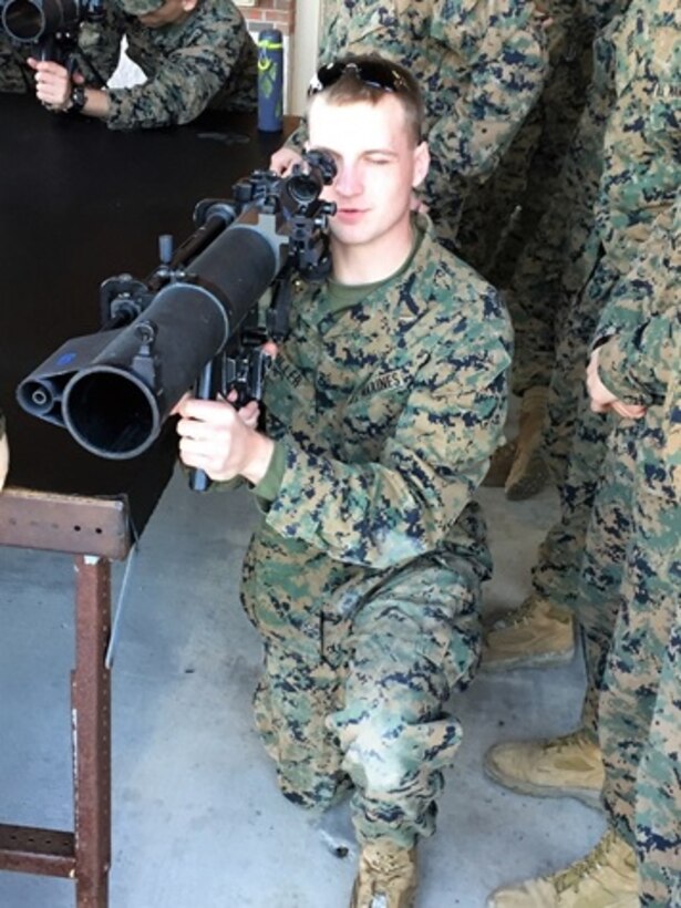 On January 13, 2017  Second Lieutenant Robert Miller, a Marine attached to Combat Engineer Officer course 1-17 (CEO 1-17); familiarizes himself with the MK 153 MOD 0 Shoulder Launched Multi-purpose Assault Weapon (SMAW). The SMAW is primarily employed against buildings, bunkers, field fortifications, armed vehicles, and other hard and soft targets. 
