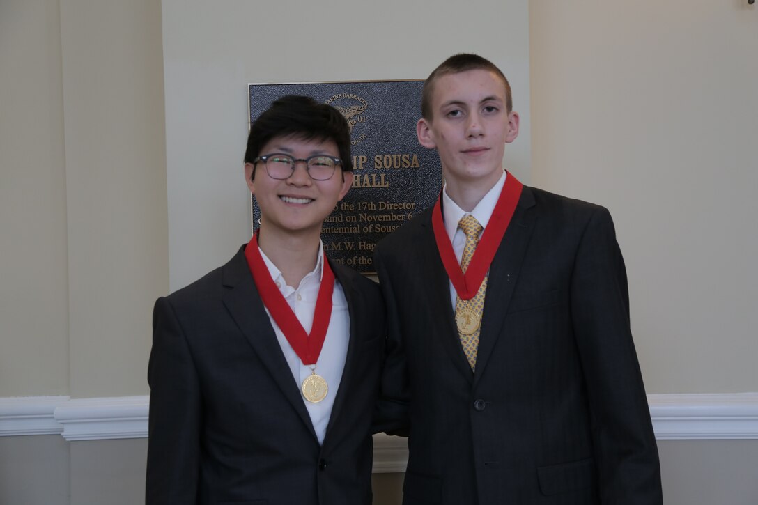 On Feb. 11, 2017, eight high school musicians competed for a $2,500 scholarship from the Marine Corps Heritage Foundation and the chance to solo with the Marine Band. French horn player Shawn Zheng, left, won first place and trumpet player Forrest Johnston was named runner up and received a $500 scholarship from the Marine Corps Heritage Foundation. (U.S. Marine Corps photo by Master Sgt. Kristin duBois/released)