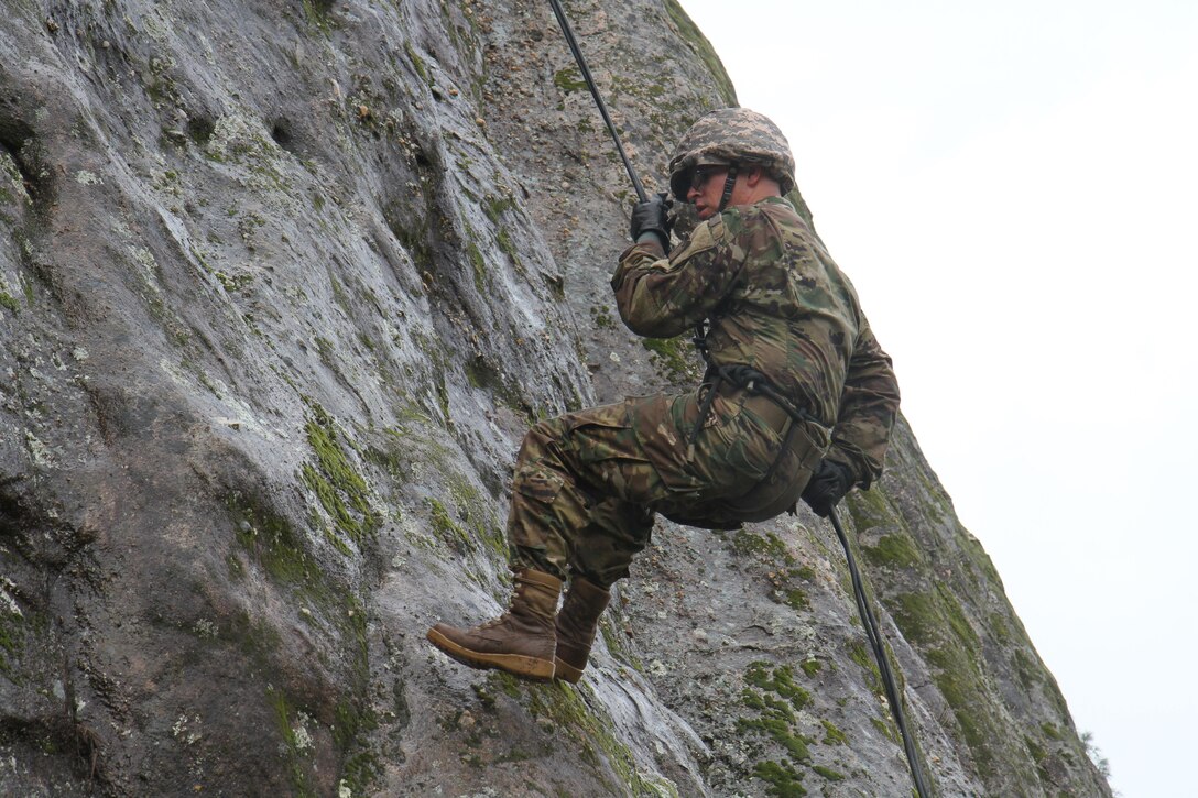 U.S. Army Pfc. Max Lanzing of the 75th Training Division rapels down a rock face during the 91st Training Division's Best Warrior Competition (BWC) on February 7th, 2016 on Ft. Hunter Liggett, Calif. The BWC tested soldiers on their warrior tasks and drills to deterrmine who will move on to the next level of the competition. (U.S. Army photo br Spc. Derek Cummings/Released)