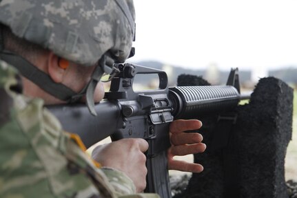 U.S. Army Sgt. Juan Padilla of the 91st Training Division qualifies with the M16/A2 rilfe during a weapons qualification on February 8th, 2017 on Ft. Hunter Liggett, Calif. Padilla competed in the 91st Training Division's Best Warrior Competition that assessed his proficiency on multiple warrior tasks and drills. (U.S. Army photo by Spc. Derek Cummings/Released)