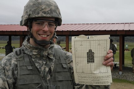 U.S. Army Sgt. Robert Beedle stands with his target after zeroing the M16/A2 rifle on February 8th, 2017 on Ft. Hunter Liggett, Calif. Soldiers zeroed and qualified with the M16/A2 rifle as part of the 91st Training Division's Best Warrior Competition that assesed their proficiency on warrior tasks and drills. (U.S. Army photo by Spc. Derek Cummings/Released)