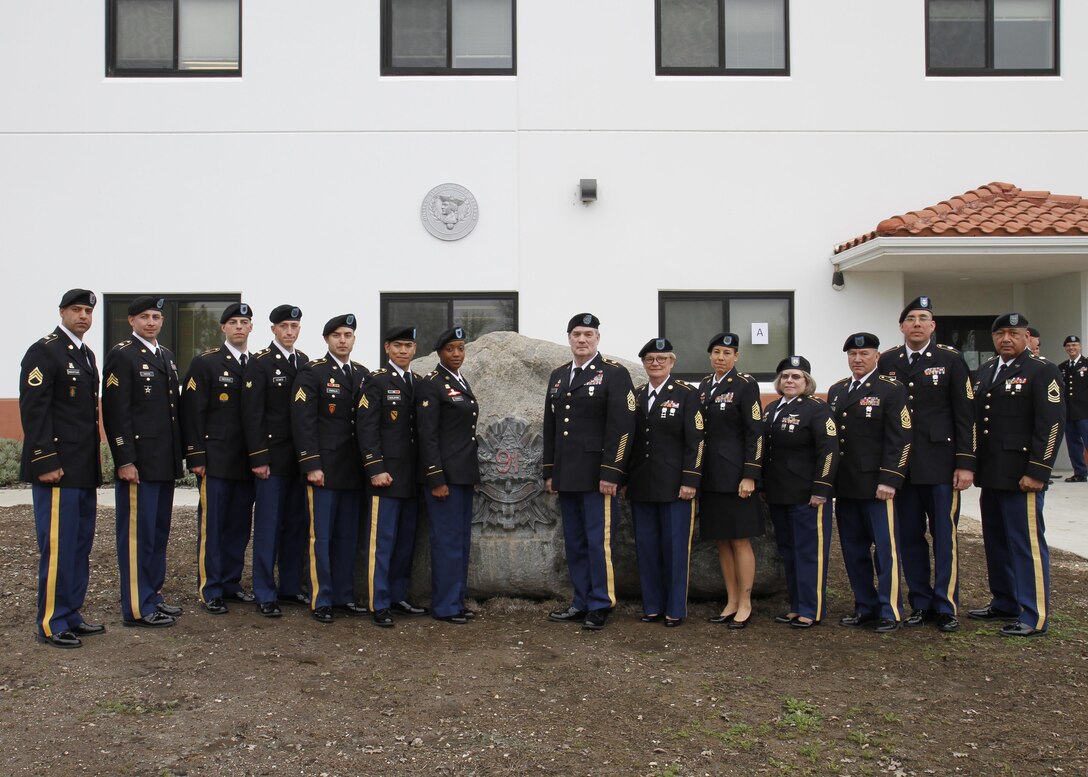 U.S. Army Command Sgts. Maj. of the 91st Training Division stand with the competitors from the Best Warrior Competition (BWC) on February 9th, 2017 on Ft. Hunter Liggett, Calif. The BWC tested their endurance and knowledge of warrior tasks and drills. (U.S. Army photo by Spc. Derek Cummings/Released)