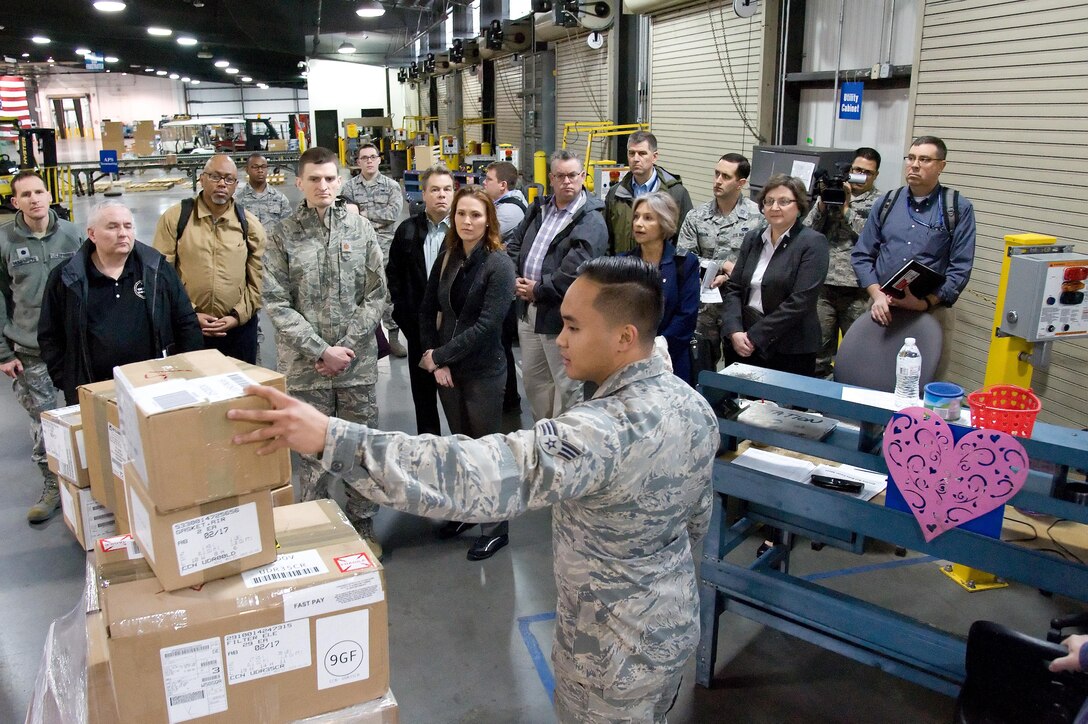 A team of scientists and Senior Executive Service officials from Headquarters Air Mobility Command, Scott Air Force Base, Ill., observe daily aerial port-wide operations and procedures of the 436th Aerial Port Squadron, Feb. 7, 2017, on Dover Air Force Base, Del. The two-day study called “Aerial Port of the Future” included live demonstrations of the Cargo Terminal, Cargo Yard, Passenger Terminal, Fleet Building and cargo loading/off-loading on the flight line. Dover’s Super Port has been chosen by AMC to be used as a model for all other aerial ports in the Air Force. (U.S. Air Force photo by Roland Balik)