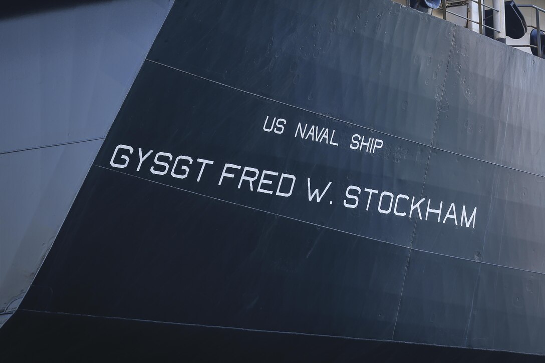 U.S. Marines with Combat Logistics Battalion 4 offload tactical vehicles from the USNS Gunnery Sgt. Fred W. Stockham, during exercise Cobra Gold, at Laem Chabang International Terminal, Thailand, Feb. 11, 2017. Cobra Gold, in its 36th iteration, is an important element of the United States' and all other participating nations' regional military to military engagement efforts. (U.S. Marine Corps photo by Cpl. Wesley Timm)