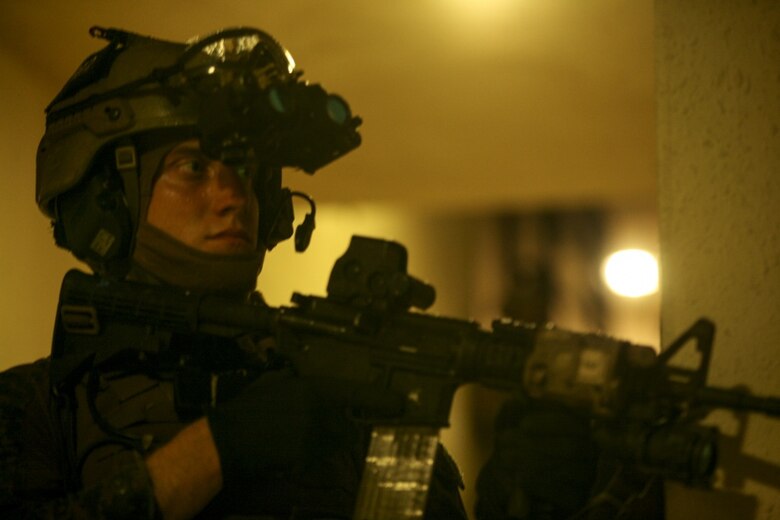 Sgt. Donald L. Welty, a signals collection operator with Maritime Raid Force, 31st Marine Expeditionary Unit, provides security at the Governor Ricardo J. Bordallo Complex, Asan, Guam, as part of Realistic Urban Training Exercise (RUTEX), Feb. 2, 2017. RUTEX is designed to give the reconnaissance elements of the 31st MEU a chance to refine their urban operations capabilities as part of pre-deployment training before departing for a regularly scheduled patrol of the Indo-Asia-Pacific region later this year. As the Marine Corps' only continuously forward-deployed unit, the 31st Marine Expeditionary Unit's air-ground-logistics team provides a flexible force, ready to perform a wide range of military operations, from limited combat to humanitarian assistance operations, throughout the Indo-Asia-Pacific region. (U.S. Marine Corps photo by Cpl. Jona R. Meme/Released)