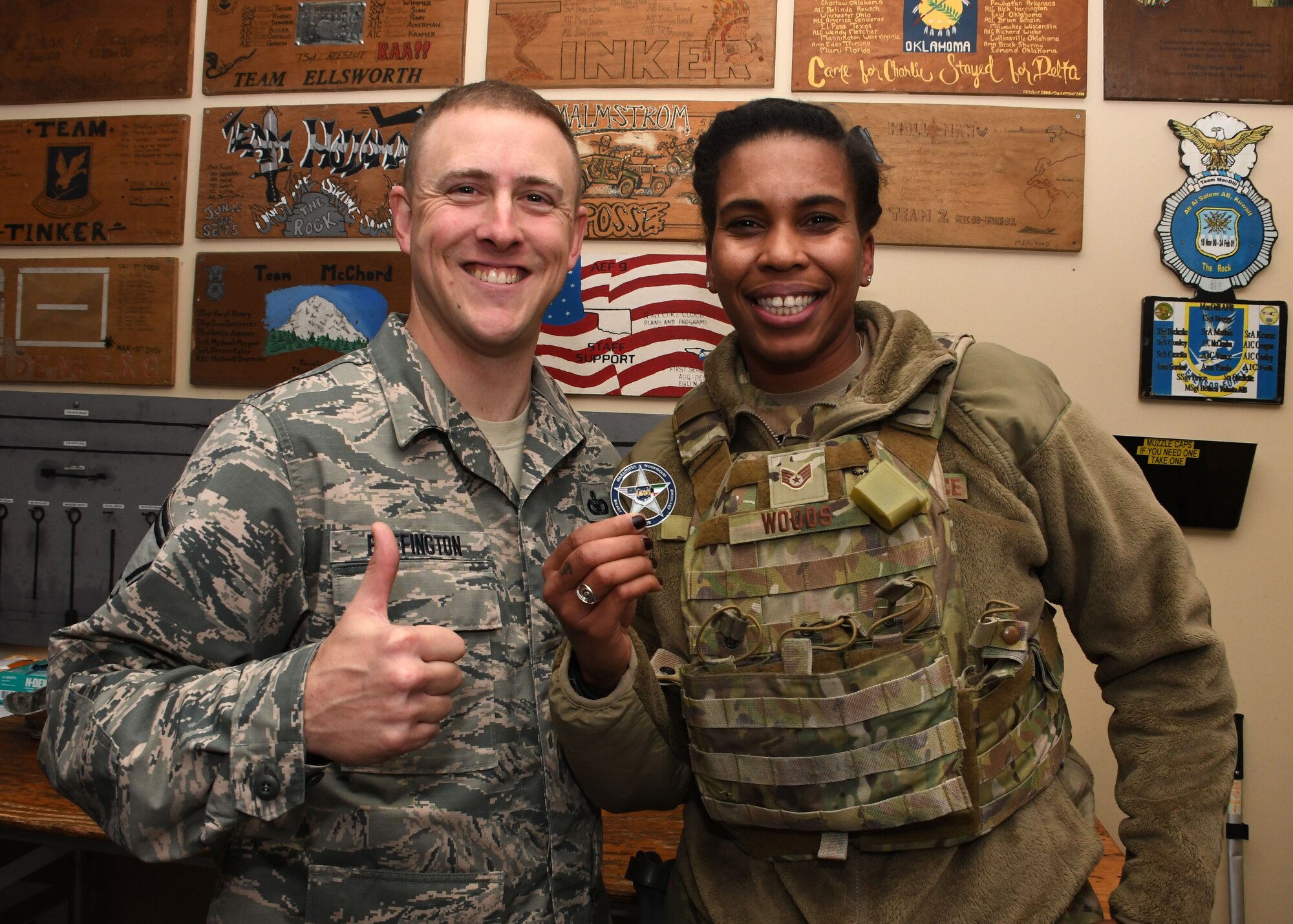 This week's Rock Solid Warrior is Staff Sgt. Joia Woods, a 386th Expeditionary Security Forces Squadron NCO in charge at the personnel entry control point, deployed from Dobbins Air Reserve Base, Ga. (U.S. Air Force photo/Senior Airman Andrew Park)