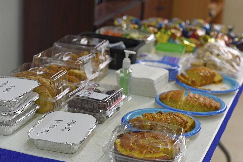 Food provided by military spouses are laid out as service members take tests during a “CLEP-a-thon” at Al Udeid Air Base, Qatar, Feb. 11, 2017. The CLEP-a-thon was a testing marathon during which service members took DANTES Subject Standardized Test exams and College Level Examination Program tests. (U.S. Air Force photo by Senior Airman Cynthia A. Innocenti)