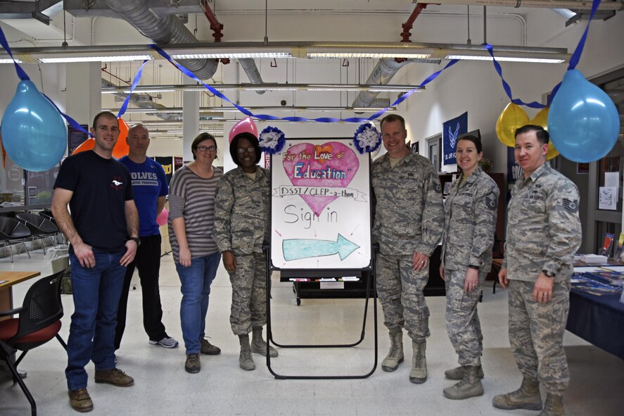 Personnel stationed at Al Udeid Air Base, Qatar, pose for a photo during a “CLEP-a-thon,” Feb. 11, 2017. The testing marathon was held to encourage service members to take DANTES Subject Standardized Test exams and College Level Examination Program tests while deployed, in turn saving themselves time and the Air Force money in tuition assistance. (U.S. Air Force photo by Senior Airman Cynthia A. Innocenti)