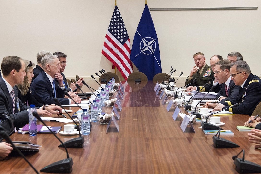 Defense Secretary Jim Mattis, center left, meets with members of the U.S. mission at NATO headquarters in Brussels, Feb. 15, 2017. DoD photo by Air Force Tech. Sgt. Brigitte N. Brantley

