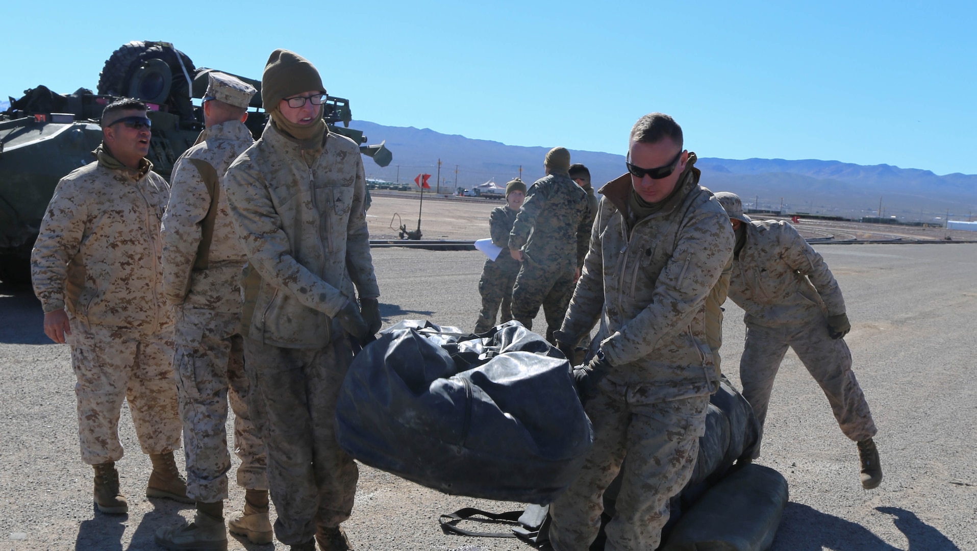 Marines with 2nd Light Armored Reconnaissance Battalion, 2nd Marine Division, II Marine Expeditionary Force out of Marine Corps Base Camp Lejeune, worked with 1st Marine Logistics Group, 1st Supply Battalion, Supply Company Marine Air Ground Task Force, MAGTF Marine Materiel Distribution Center to prepare equipment for transport with RFID tags and SHOUT nano devices, tracking equipment from Marine Corps Logistics Base Barstow, California, and Marine Corps Air Ground Combat Center 29 Palms, to and from the National Training Center at Fort Irwin, Feb. 7.