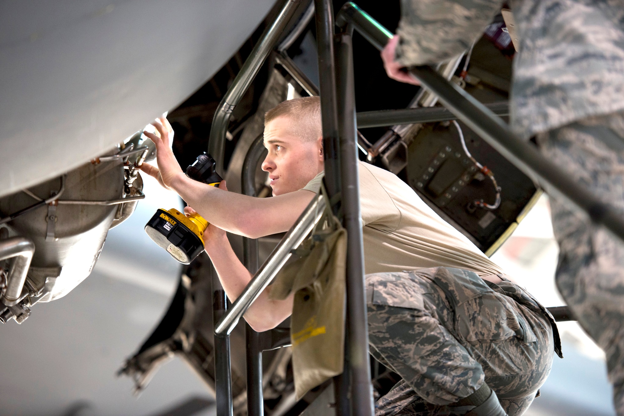 Airman First Class Josiah Evans, an aerospace propulsion journeyman, works on a C-17 Globemaster III aircraft engine, as part of a home station check, Feb. 4, at the 167th Airlift Wing. The wing's aircraft maintainers are key to keeping pace with the operations tempo.