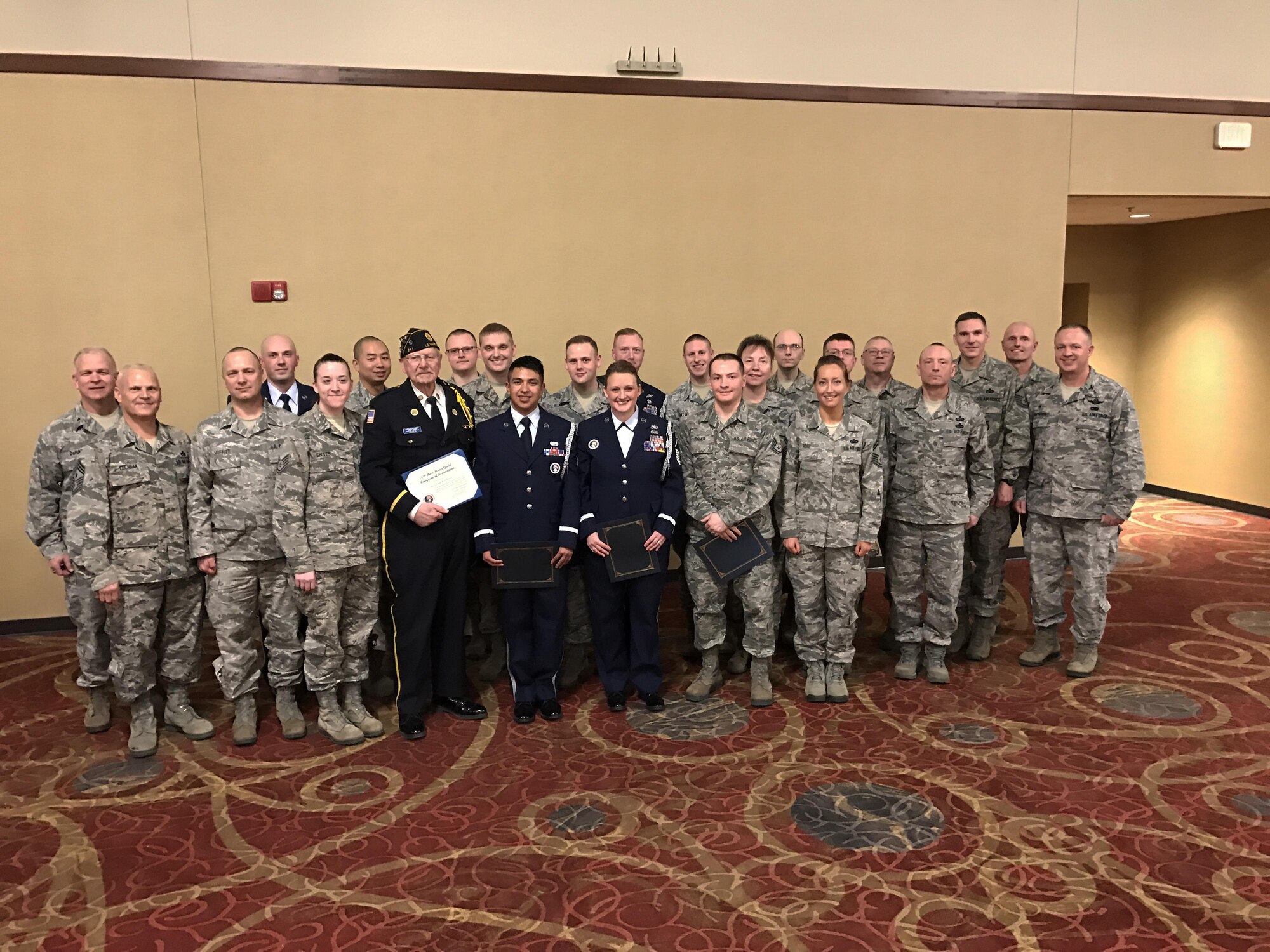Members of the 185th Air Refueling Wing in Sioux City, Iowa were recognized for their efforts over the past year at an awards ceremony during February drill. Also present was Mr. Gerald Pallesen with the VFW who has sounded Taps at numerous funerals along side the 185th Honor Guard. (Official U.S.Air National Guard photo by Lt. Trish Thiesen/Released)