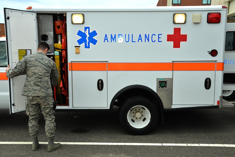 U.S. Air Force Senior Airman Cody Blevins, 633rd Medical Group paramedic, performs an ambulance equipment check at Joint Base Langley-Eustis, Va., Jan 13, 2017. To be a paramedic, members must obtain four mandatory certifications which includes, advanced cardiac life support, pediatric advanced life support, basic life support and national registry certification. (U.S. Air Force photo by Airman 1st Class Tristan Biese)