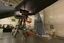 U.S. Airmen from the 139th Maintenance Squadron, Missouri Air National Guard, inspect the vertical stabilizer from a C-130 Hercules aircraft at Rosecrans Air National Guard Base, St. Joseph, Mo., Feb. 7, 2017. The stabilizer was removed in order to fix a crack on a support structure on which the stabilizer sits. (U.S. Air National Guard photo by Master Sgt. Michael Crane)