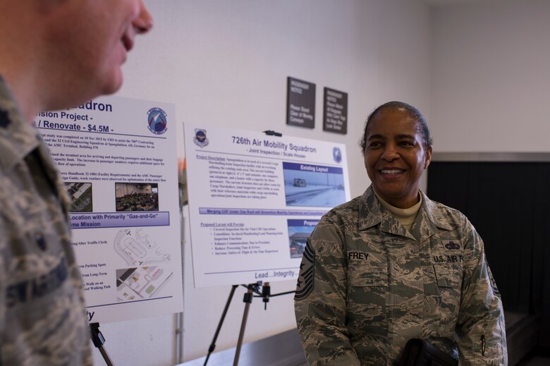 Chief Master Sgt. Shelina Frey, Air Mobility Command command chief, learns about the 726th AMS recent accomplishments from Lt. Col. Justin Swartzmiller, 726th Air Mobility Squadron commander, at Spangdahlem Air Base, Germany, Feb. 13, 2017. Frey visited with different mobility Airmen and sections during her tour of Spangdahlem AB, and recognize individual Airmen for their dedication to the AMC mission at the 726th AMS. (U.S. Air Force photo by Senior Airman Dawn M. Weber)