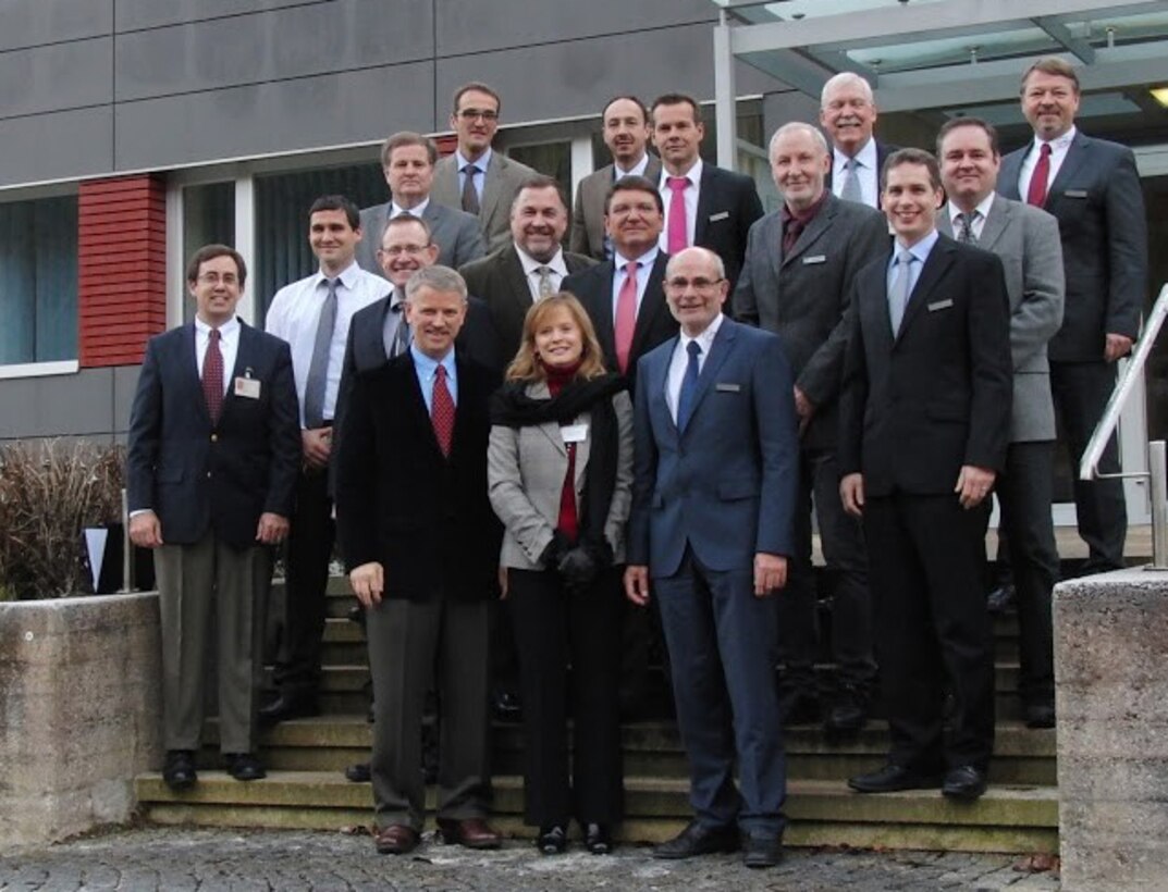 ERDC executives visited the Bundeswehr Research Institute for Materials, Fuels and Lubricants in Erding, Germany.  From left to right are Capt. D. Swanson, Air Force ESEP to WIWeB, ERDC Deputy Director Dr. David Pittman and Dr. Andy Martin, EL and EL Director Dr. Beth Fleming; Professor Dr. H. Ortner, WIWeB, M. Griffin, AMARDEC ESEP to WIWeB, Dr. E. Schneider, WIWeB; James Davis, GSL, GSL Director Bart Durst; RDECOM-ATL Technical Director Ed Pontiatowski; WIWeB Director Professor Dr. H Meier, ERDC International Research Office Director Dr. Russell Harmon; and Gernot Löwenstein, BAAINBw.