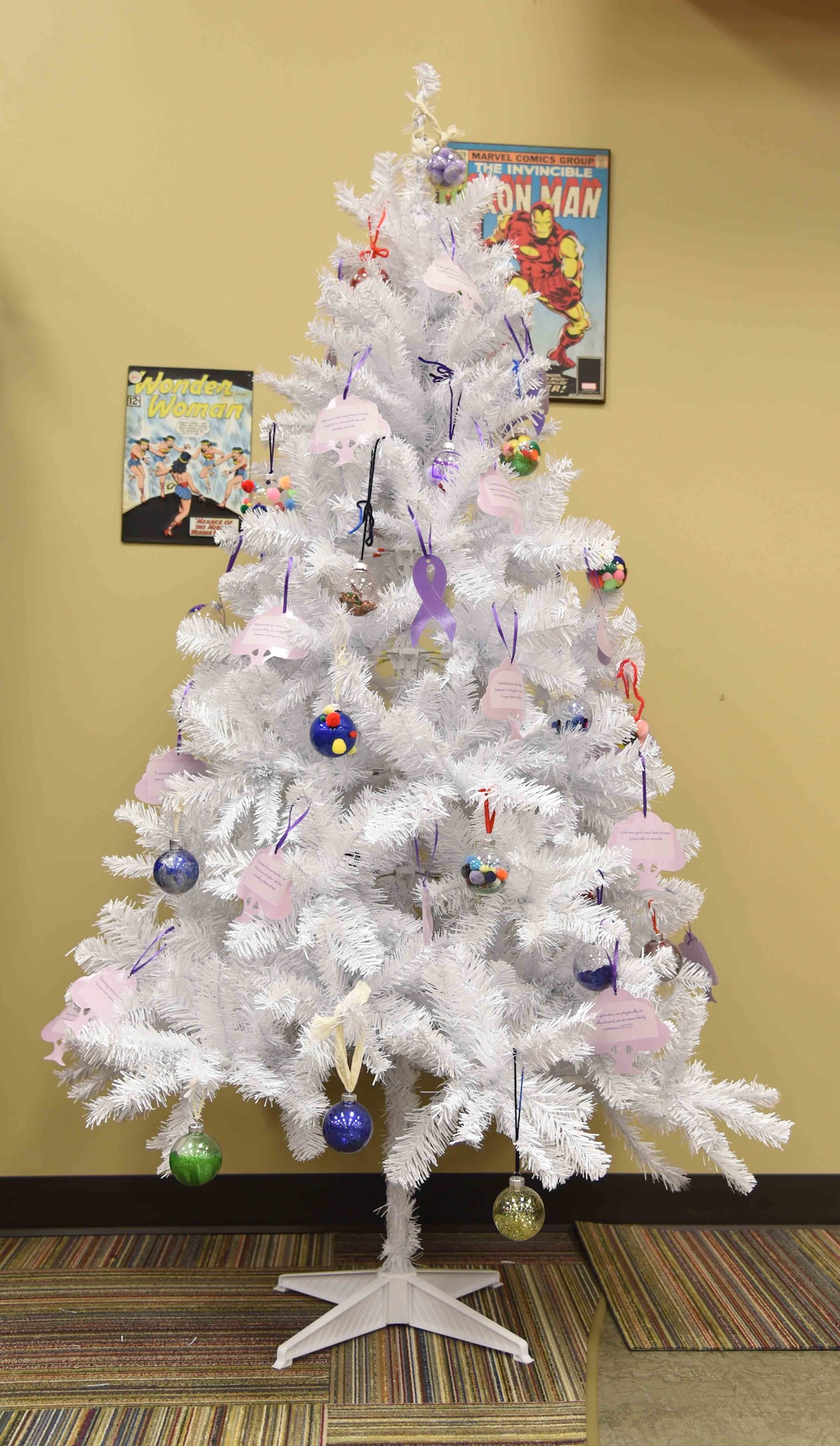 A remembrance tree with 25 ornaments displaying facts about Teen Dating Violence Awareness Month is located in McConnell’s Youth Center during the month of February. The tree helps educate teenagers and parents on the risk of teen dating violence. (U.S. Air Force photo/Airman 1st Class Erin McClellan)