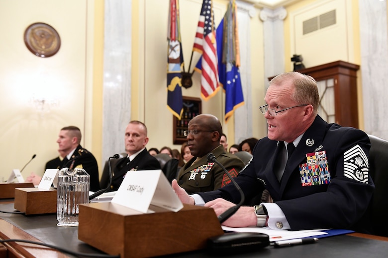 Chief Master Sgt. of the Air Force James A. Cody testifies before the Senate Armed Services Subcommittee on Personnel in Washington, D.C., Feb. 14, 2017. In his comments, Cody talked about compensation and growing the force.  This is the last Congressional hearing for Cody before he retires from the Air Force.  (U.S. Air Force photo/Scott M. Ash)