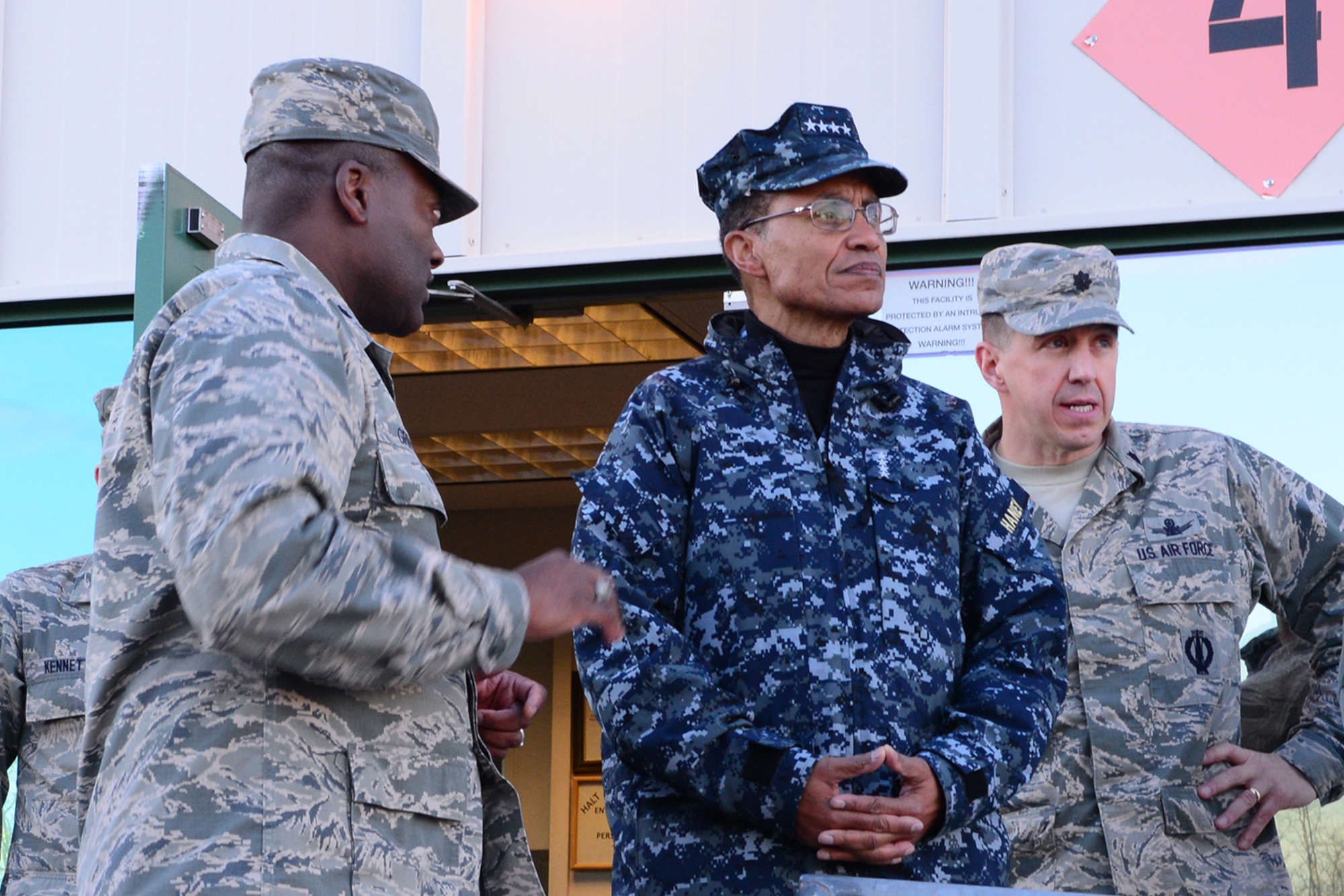 CLEAR AIR FORCE STATION, Alaska – Lt. Col. Keith Grimes, 213th Space Warning Squadron operations officer of the Alaska Air National Guard, left, shows Adm. Cecil Haney, commander of Strategic Command, around Clear Air Force Station, Alaska, Oct. 14, 2015. Grimes returned to the station to serve in an administrative role. He was stationed at Clear AFS early in his career and worked on the Ballistic Missile Early Warning System radar. (Courtesy photo)