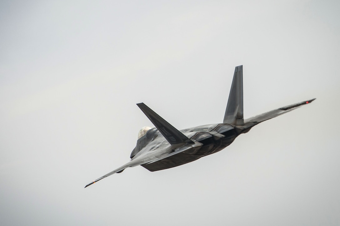 An F-22 Raptor launches a sortie in support of Combined Joint Task Force-Operation Inherent Resolve from an undisclosed location in Southwest Asia, Feb. 14, 2017. F-22s have provided close air support and precision guided strikes in an effort to weaken and destroy Islamic State in Iraq and the Levant operations in the Middle East region and around the world. (U.S. Air Force photo/Senior Airman Tyler Woodward)