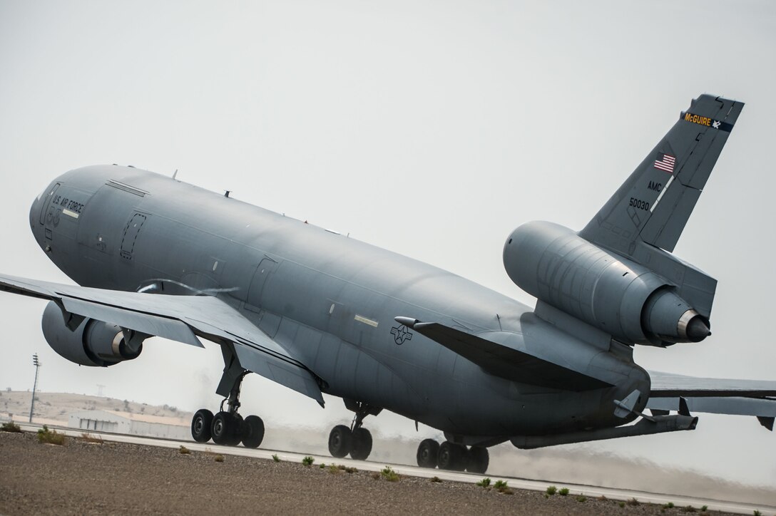 A KC-10 Extender launches a a sortie in support of Combined Joint Task Force-Operation Inherent Resolve from an undisclosed location in Southwest Asia, Feb. 14, 2017. Extenders have provided fuel to multi-national Coalition aircraft in an effort to weaken and destroy Islamic State in Iraq and the Levant operations in the Middle East region and around the world. (U.S. Air Force photo/Senior Airman Tyler Woodward)