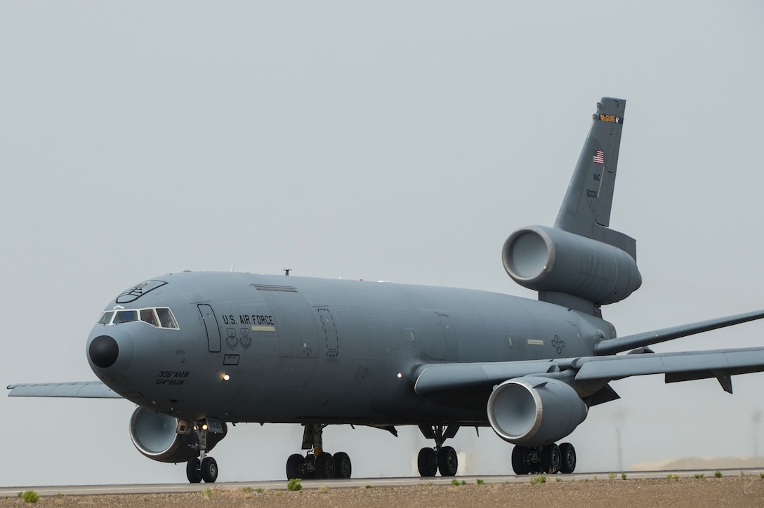 A KC-10 Extender launches a a sortie in support of Combined Joint Task Force-Operation Inherent Resolve from an undisclosed location in Southwest Asia, Feb. 14, 2017. Extenders have provided fuel to multi-national Coalition aircraft in an effort to weaken and destroy Islamic State in Iraq and the Levant operations in the Middle East region and around the world. (U.S. Air Force photo/Senior Airman Tyler Woodward)