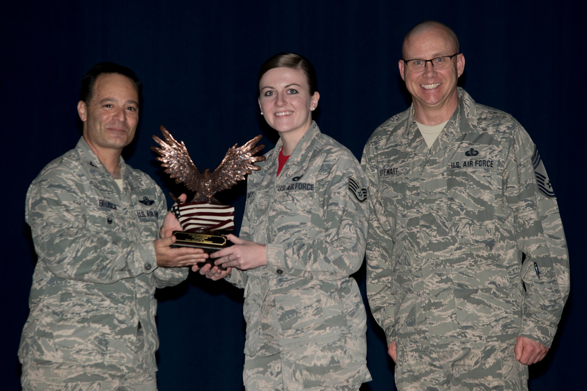 U.S. Air Force Reserve Col. Anthony Brusca, interim commander for the 913th Airlift Group, Staff Sgt. Ashley Ritchey, 96th Aerial Port Squadron and Chief Master Sgt. Paul Stewart, superintendent, 913 AG, pose for a photo during the Group Commander’s Call Feb. 12, 2017, at Little Rock Air Force Base, Ark. Ritchey was the 913th Airlift Group’s Annual Award Winner in the Noncommissioned Officer Category for 2016. (U.S. Air Force photo by Master Sgt. Jeff Walston/Released)
