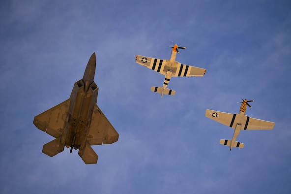 An F-22 Raptor performs a Heritage Flight during the 2017 Heritage Flight Training and Certification Course at Davis-Monthan Air Force Base, Ariz., Feb. 9, 2017. The program was established in 1997, allowing certified civilian pilots and U.S. Air Force pilots to perform flights together. (U.S. Air Force photo by Senior Airman Kimberly Nagle)