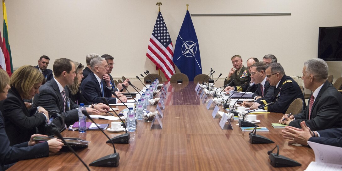 Defense Secretary Jim Mattis meets with members of the U.S. mission at NATO headquarters in Brussels, Feb. 15, 2017. DoD photo by U.S. Air Force Tech. Sgt. Brigitte N. Brantley