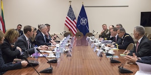 Defense Secretary Jim Mattis meets with members of the U.S. mission at NATO headquarters in Brussels, Feb. 15, 2017. DoD photo by U.S. Air Force Tech. Sgt. Brigitte N. Brantley