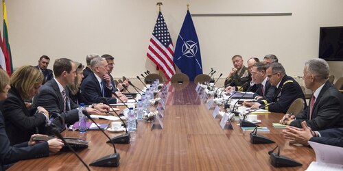 Defense Secretary Jim Mattis meets with members of the U.S. mission at NATO headquarters in Brussels, Feb. 15, 2017. DoD photo by U.S. Air Force Tech. Sgt. Brigitte N. Brantley