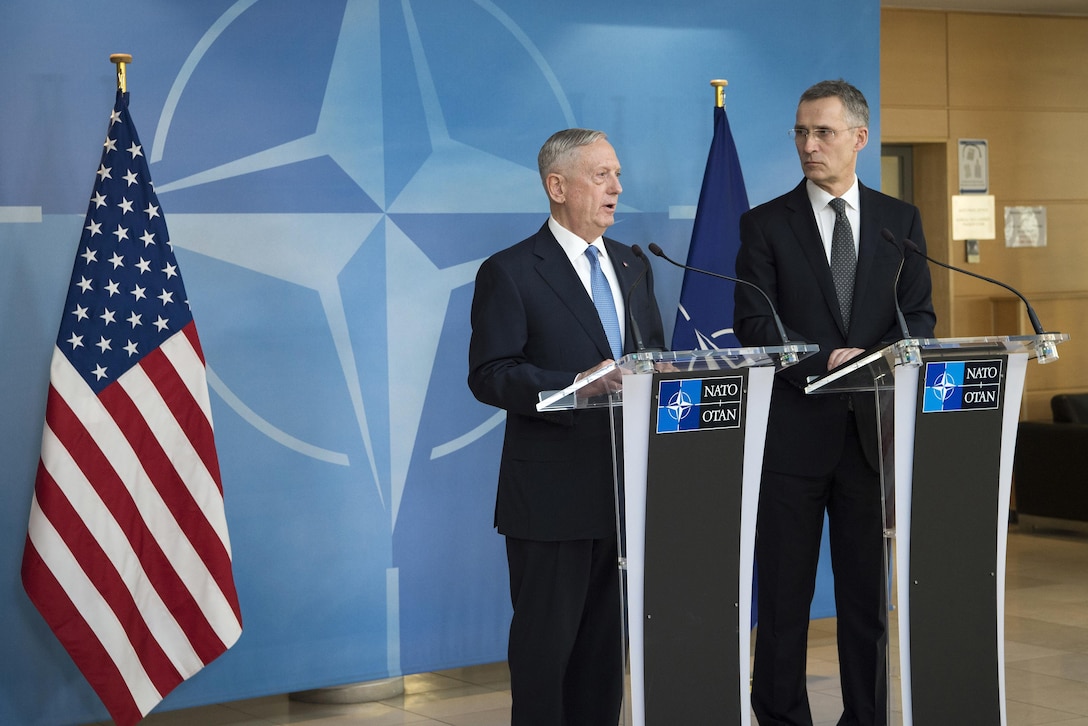 Defense Secretary Jim Mattis hosts a joint news conference with NATO Secretary General Jens Stoltenberg at NATO headquarters in Brussels, Feb. 15, 2017. DoD photo by Air Force Tech. Sgt. Brigitte N. Brantley