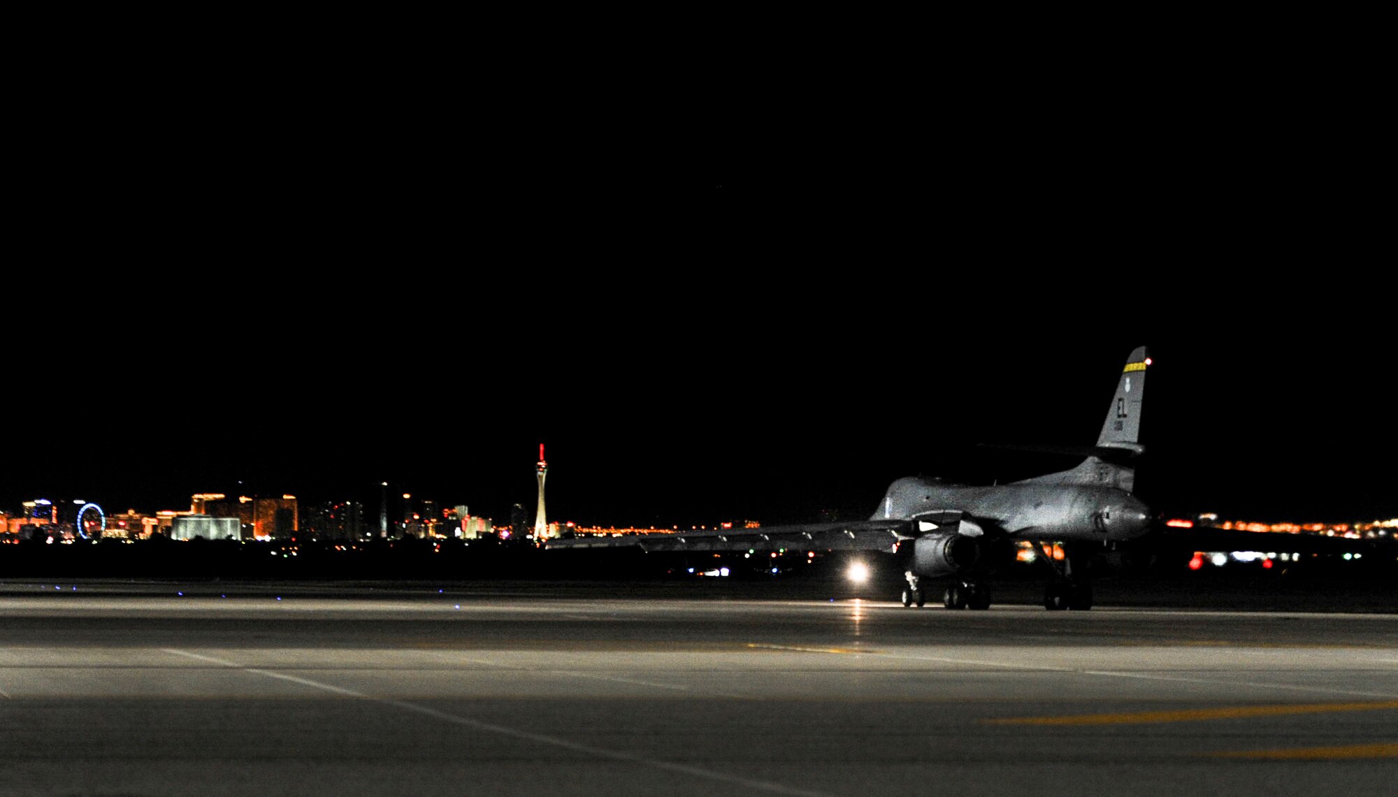 A B-1B Lancer assigned to the 34th Bomb Squadron, Ellsworth Air Force Base, S.D., taxis to participate in night operations during Red Flag 17-1 on Nellis Air Force Base, Nev., Jan. 25, 2017. Night mission have been integrated into Red Flag to prepare aircrews for missions in low-light environments. (U.S. Air Force photo by Airman 1st Class Kevin Tanenbaum/Released) 