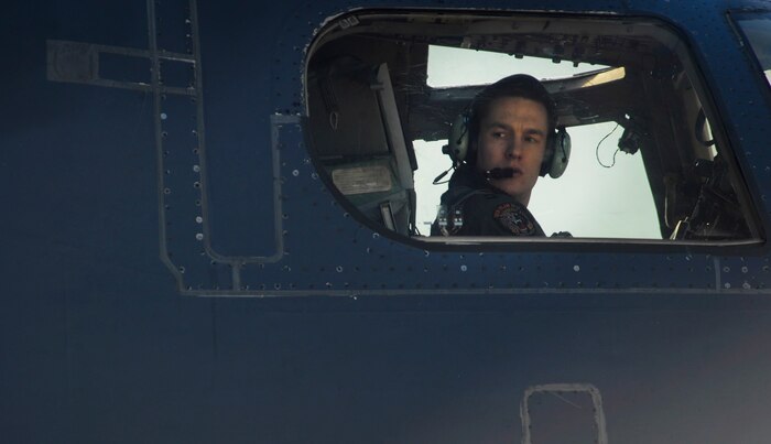A pilot assigned to the 34th Bomb Squadron, Ellsworth Air Force Base, S.D., performs preflight checks on a B-1B Lancer during Red Flag 17-1 on Nellis Air Force Base, Nev., Jan. 27, 2017. Red Flag was established in 1975 as one of the initiatives to better prepare our forces for combat. (U.S. Air Force photo by Airman 1st Class Kevin Tanenbaum/Released)