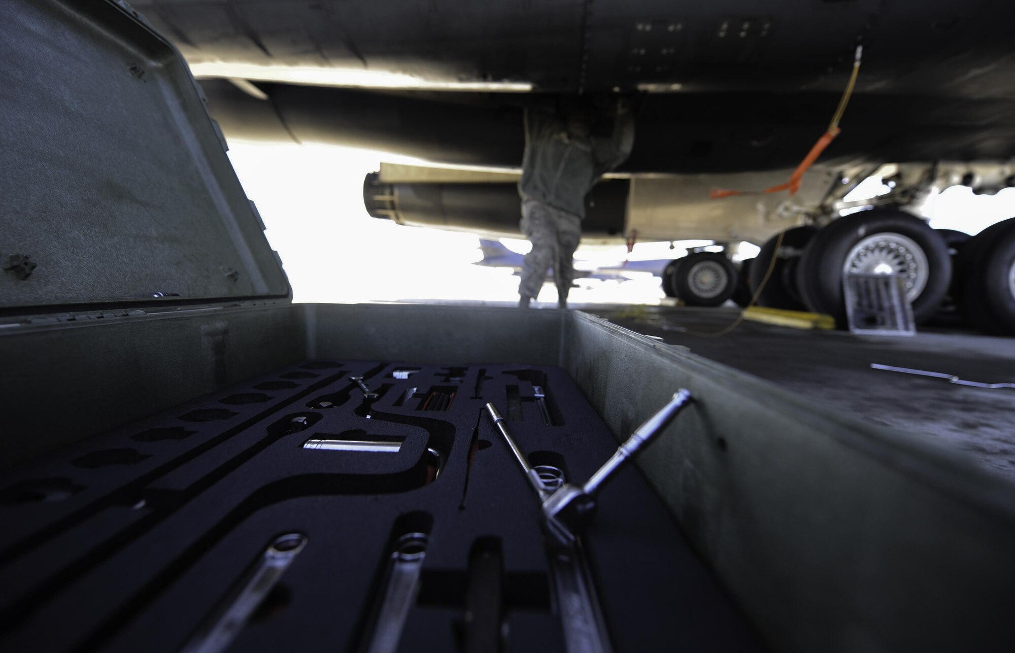 Airman 1st Class Jaylin King, an aerospace propulsion apprentice assigned to the 28th Aircraft Maintenance Squadron, Ellsworth Air Force Base, S.D., performs maintenance on a grounded B-1B Lancer during Red Flag 17-1 on Nellis Air Force Base, Nev., Jan. 27, 2017. Aircraft and personnel deploy to Nellis AFB for Red Flag under the Air Expeditionary Force concept and make up the exercise’s ‘Blue” forces. (U.S. Air Force photo by Airman 1st Class Kevin Tanenbaum/Released)
