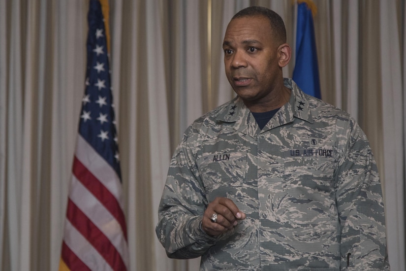 Maj. Gen Roosevelt Allen, Office of the Surgeon General medical operations, research director and chief of the dental corps, speaks in honor of Black History Month at Joint Base Andrews, Md., Feb. 10, 2017. In addition to the speech, the base is scheduled to view a free movie of “Hidden Figures” at the base theater, Feb. 24, 2017 at 2 p.m. (U.S. Air Force photo by Airman 1st Class Valentina Lopez)