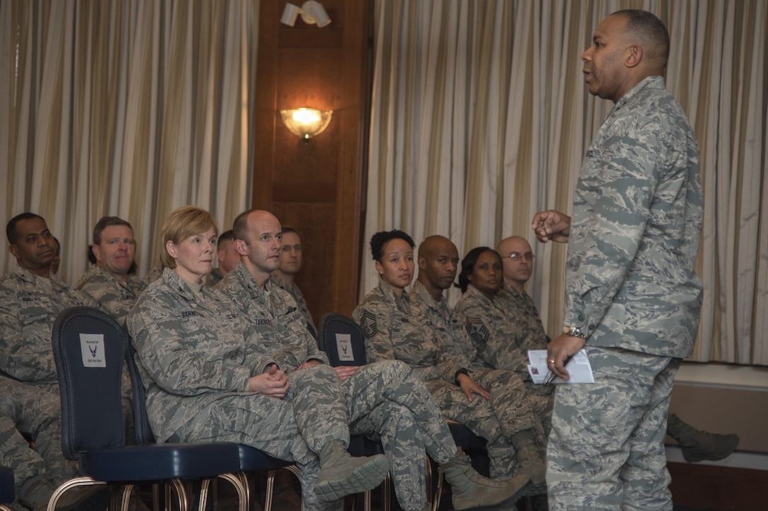 Maj. Gen Roosevelt Allen, Office of the Surgeon General medical operations, research director and chief of the dental corps, speaks about the importance of Black History Month at Joint Base Andrews, Md., Feb. 10, 2017. This is annual celebration of black American’s achievements and a time to recognize their integral role in U.S. history. (U.S. Air Force photo by Airman 1st Class Valentina Lopez)
