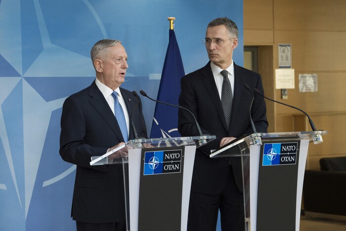 Defense Secretary Jim Mattis hosts a joint news conference with NATO Secretary General Jens Stoltenberg at NATO headquarters in Brussels, Feb. 15, 2017. DoD photo by Air Force Tech. Sgt. Brigitte N. Brantley