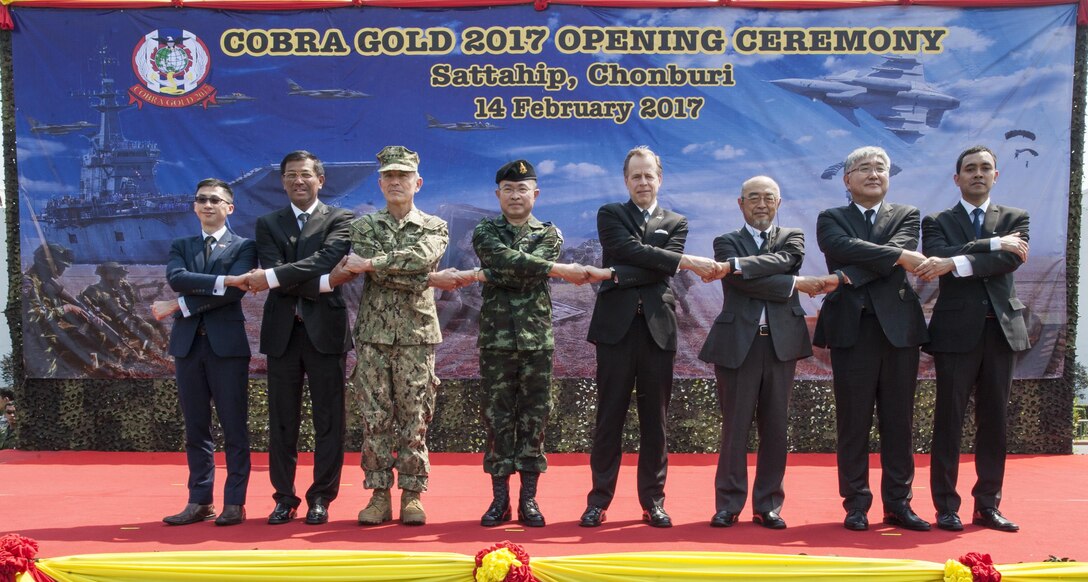 U.S. Pacific Command Commander Adm. Harry Harris, Thai Chief of Defence Forces Gen. Surapong Suwana-adth and U.S. Ambassador to the Kingdom of Thailand Glyn Davies, along with multinational representatives pose for a photo during the official opening ceremony of Cobra Gold 2017. Cobra Gold, in its 36th iteration, is the largest Theater Security Cooperation exercise in the Indo-Asia-Pacific. This year’s focus is to advance regional security and ensure effective responses to regional crises by bringing together a robust multinational force to address shared goals and security commitments in the Indo-Asia-Pacific region. (U.S. Navy photo by Mass Communication Specialist 2nd Class Markus Castaneda/Released)